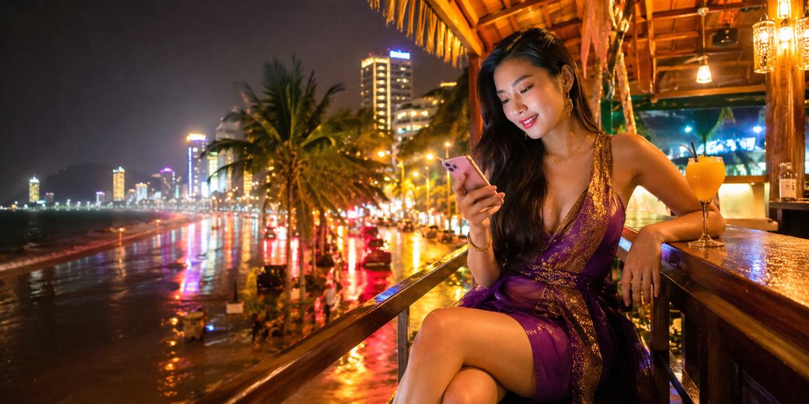 Người chơi thư giãn tại bãi biển Nha Trang và truy cập casino trực tuyến trên điện thoại
